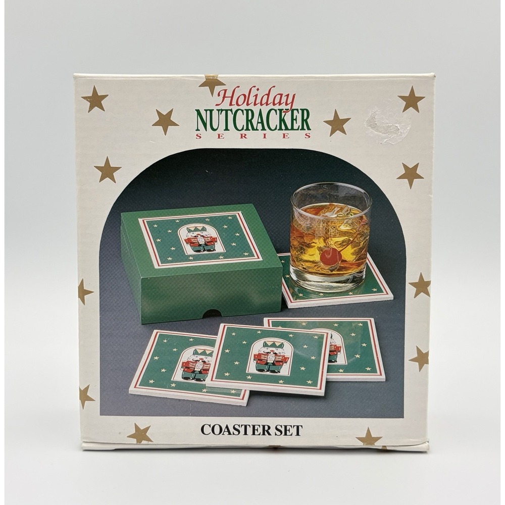 Himark Holiday Nutcracker Series 5 Piece Ceramic Coaster Set Wood Box Vintage